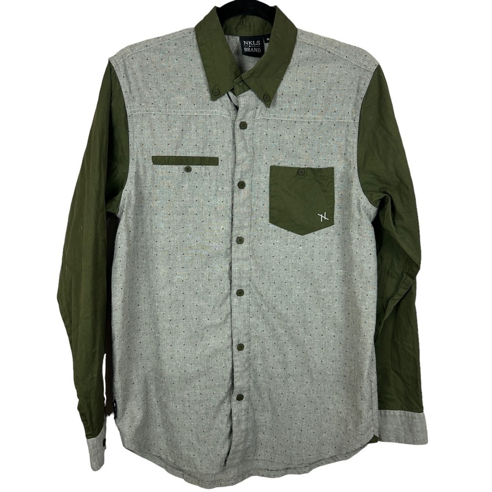 NKLS Brand Men’s Colourblock Button Down Shirt Olive Gray Medium